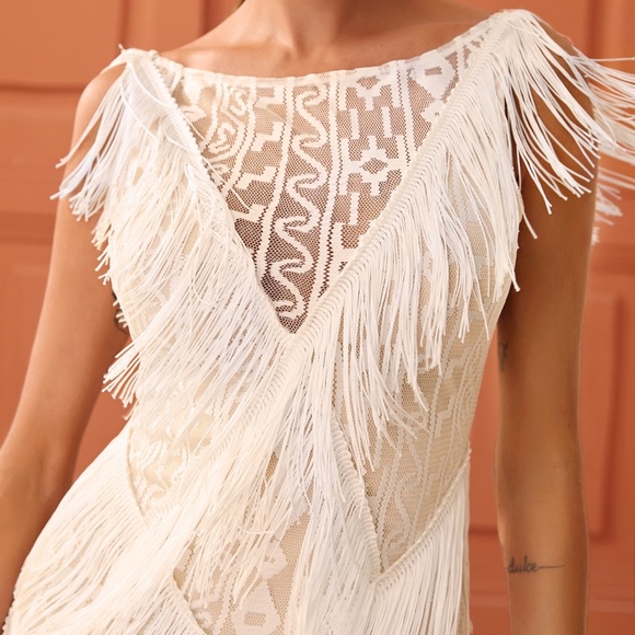 Fringe Detail Mesh Beige Mini Dress - Picture 5 of 8